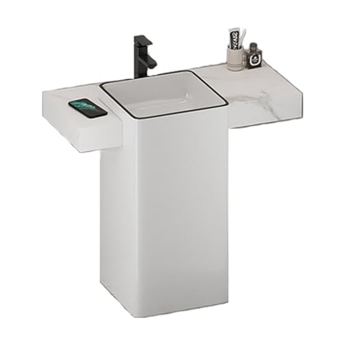 Lavabo de pedestal Tocador de baño con encimera pizarra y lavabo cerámica, tocador minimalista moderno cuadrado, grifo/desagüe/tubo entrada/válvula ángulo(90cm)