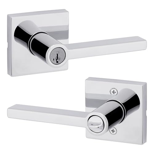 Image of Kwikset Halifax Entry Door Handle with Lock and Key, Secure Keyed Reversible Lever Exterior, Doorlock, For Front Entrance and Bedrooms, Polished Chrome, Pick Resistant Smartkey Rekey Security