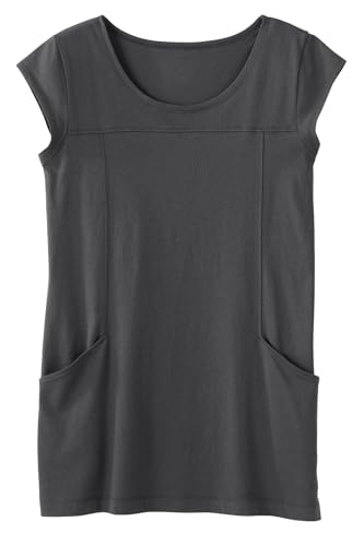 Fair Indigo Women's Organic Pima Cotton 100% Cotton Cap Sleeve Pocket Tunic (M, Dark Charcoal Heather)