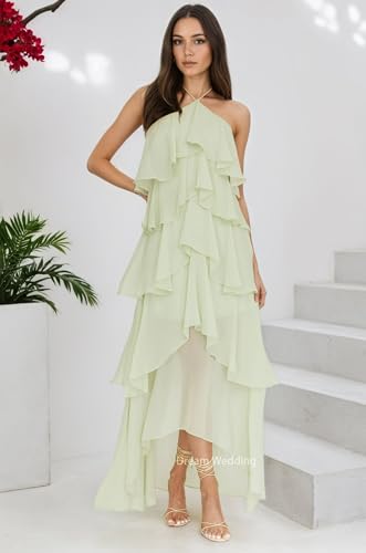 Ruffles Halter Bridemsiad Dress Tiered Chiffon Wedding Guest Dresses Flowy High Low Prom Party Dress Elegant DR08462