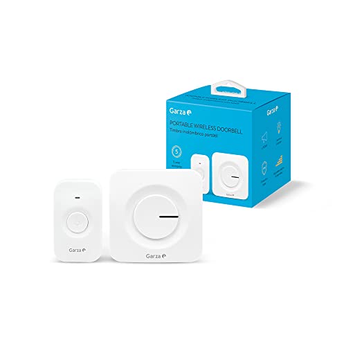 Garza - Timbre Inalámbrico Portátil, 1 pulsador + 1 receptor, Gran alcance 120 m, 54 melodías, IP56, Con indicador LED, Modo silencioso, 4 intensidades de sonido, Función memoria, Blanco