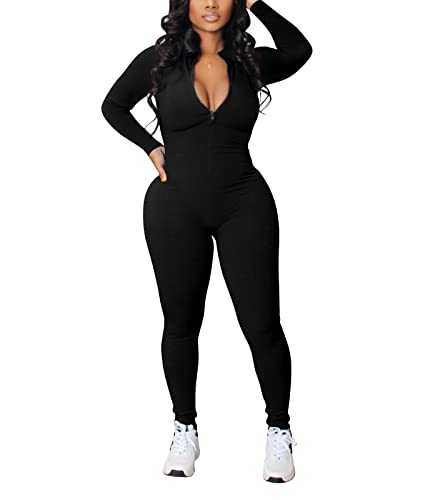 Ophestin Women Solid Color Zipper Mock Neck Long Sleeve Ribbed Bodycon Jumpsuits Black L #TOP27