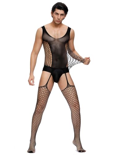 ohyeahlady Bodystocking Resille Noir Homme Ouvert Entrejambe Grande Taille Grenouillères Onesie Body Dentelle Gay Combinaison Moulante Lingerie Travesti...