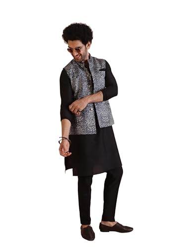 Image of KISAH Men Printed Kurta Jacket Set, Full Sleaves, Knee Length, Straight, Regular Fit, Mandarin Collar Ethnic Wear