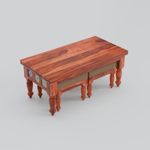 Image of Solid Sheesham Wood Center Coffee Table with 2 Cushioned Stools | Wooden Coffee Table | Space Saving Nesting Design for Living Room, Drawing Room, Hall, Bedroom, Office | Honey Finish