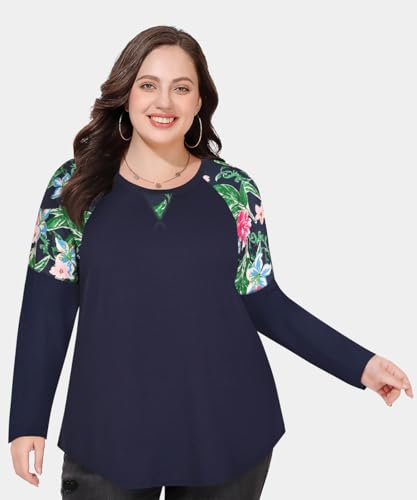 Image of CARCOS Plus Size Tops for Women Color Block Flower /Striped /Camo Crew Neck Long Sleeve Tee Shirt