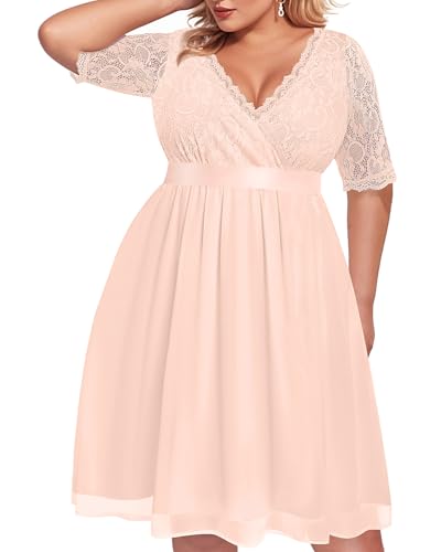 Image of Pinup Fashion Plus Size Lace Chiffon Wrap V Neck Dresses Women Cocktail Wedding Guest Midi Dress