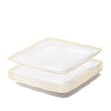 Plastic Serving Tray | Disposable Heavyweight Serving Party Platters, 6 Pack, 12 x 12 White Square Serving Trays With Gold Rim Border- Posh Setting