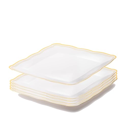 Posh Setting - White Plastic Serving Trays 6 Pack, Heavyweight Plastic Trays for Serving Food Party, Gold Rim Border Disposable Serving Platters and Trays, Platters for Serving Food Party - 12