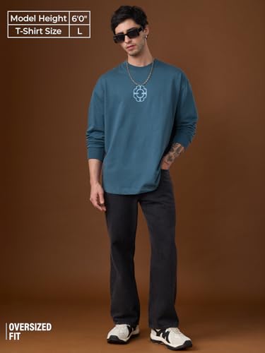 Image of The Souled Store Demon Slayer: Tengen Men and Boys Long Sleeve Round Neck Blue Graphic Printed Drop Shoulder Casual Anime Streetwear Oversized T-Shirt
