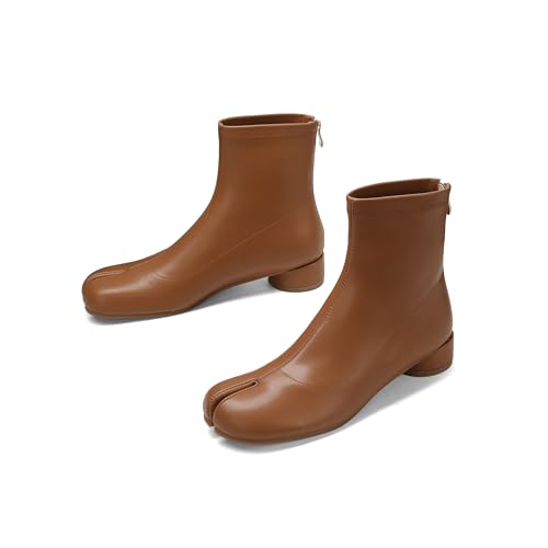 Image of Split Toe Ankle Boots for Women Tabi Japanese Ninja Shoes Low Chunky Heels Booties, Stretch Artificial Leather Boots Back Zipper