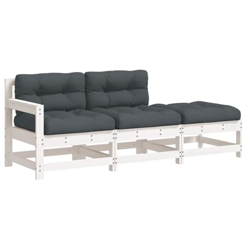 vidaXL Salon de Jardin 3 pcs avec Coussins Blanc Bois Massif, Ensemble de Salon, Ensemble de Salon extérieur, Ensemble de Meubles d'extérieur