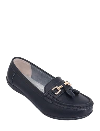 Chums Ladies Nautical Leather Loafers, Wide Fit Slip On Shoes with Flexible Sole & Comfortable Cushion Insoles Black 8 UK