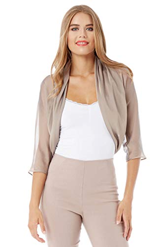 Roman Originals, giacca da donna leggera in chiffon, bolero per serate, feste, cerimonia nuziale, notte glamour, Natale, con maniche a 3/4 trasparenti, in morbido mesh marrone 50