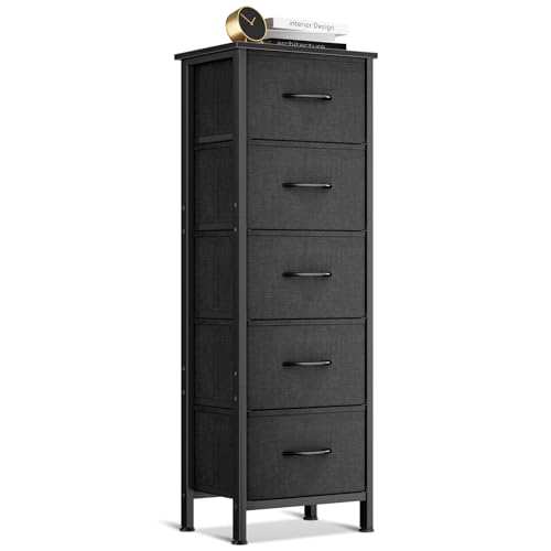 Coleshome Comoda Dormitorio, Comoda Estrecha y Alta con 5 Cajones de Tela, Estructura de Acero Resistente y Tablero de Madera, Ideal para Dormitorio y Salón, 40 x 30 x 120 cm, Negro