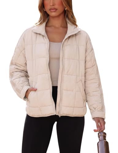 Image of Omoone Women's Quilted Puffer Jacket Zip Up Oversized Lightweight Padded Down Coat Outerwear, Khaki, L
