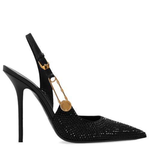 Rhinestone Slingback Heels for Women Pointed Toe Stilettos Elegant Gold Safety Pin Detail Glamorous Evening Black Silver Slingback Heels Pumps Wedding Party Shoes