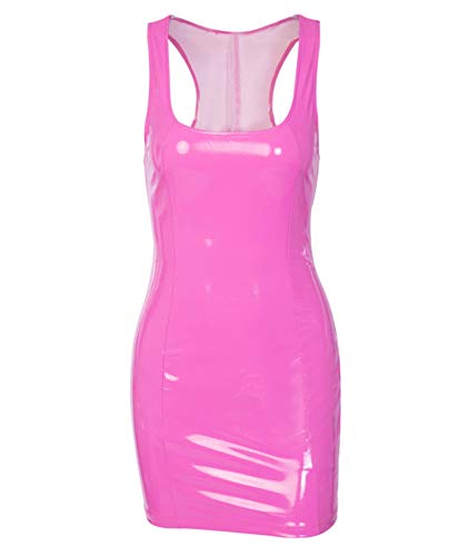 SEMATOMALA Women's Scoop Neck Latex Leather Mini Dress Metallic Shiny PVC Bodycon Slim Fitted Club Dress