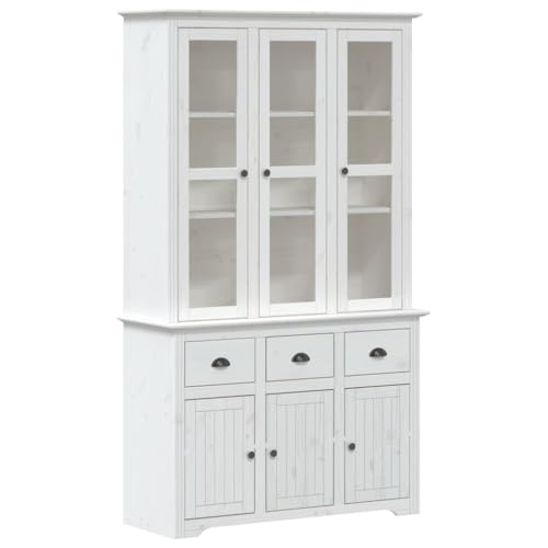 HETFTJN Buffet Vaisselier Blanc BODO 115,5x43x200,5 cm, Argentier en Bois de Pin Massif avec Portes...
