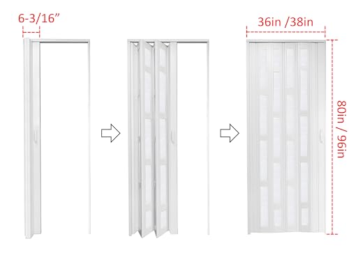 DIYHD 38X96in Interior Accordion Door with Frosted Acrylic Glass,White PVC Folding Door with Installation Hardware
