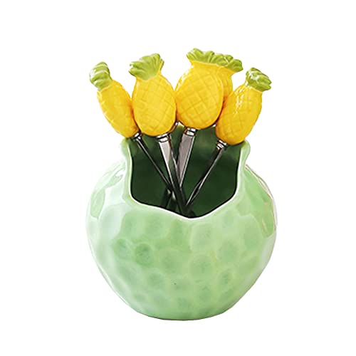 Céramique exquise ， Fourchette à dessert cuillère ensemble de couverts, avec pot de rangement en céramique, fourchettes à dessert en acier inoxydable, fourchettes à fruits, for gâteaux salade de fruit