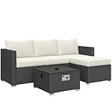 Outsunny 5 Piece Rattan Garden Furniture Set with Gas Fire Pit Table, 4 Seater Outdoor Sectional Sofa Set with Footstool and Removable Cushions, Modular Combination, Black and Cream White - Image 1