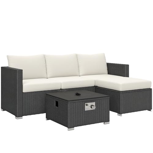Outsunny 5 Piece Rattan Garden Furniture Set with Gas Fire Pit Table, 4 Seater Outdoor Sectional Sofa Set with Footstool and Removable Cushions, Modular Combination, Black and Cream White