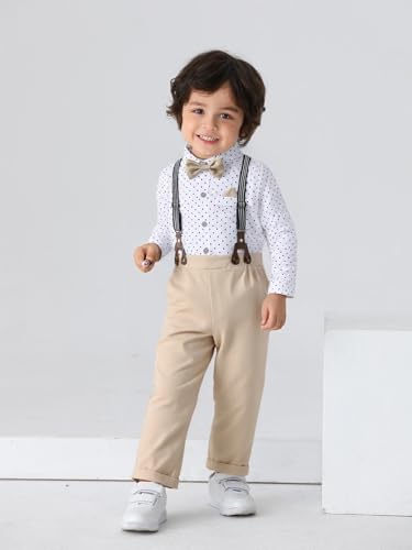 Image of Boarnseorl Baby Boys Pants Sets, Infant Long Sleeve Shirt + Pants + Bow Tie + Suspenders Outfits