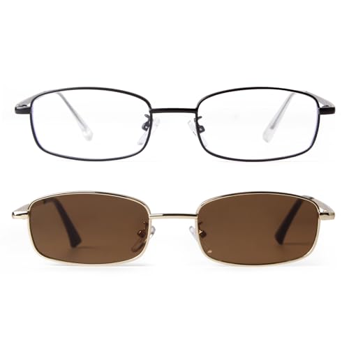 ADE WU Fashion Sunglasses Glasses for Women Men, Narrow Rectangle Frame Unisex Style, Gold Rectangular Rimmed Brown Lense and Lightweight Black Frame Blue Light Glasses y2k 90s Stylish Trending