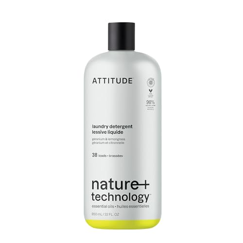 ATTITUDE Laundry Detergent Liquid, Natural Origin Ingredients, EWG Verified, High Efficiency, Infused with Essential Oils, For White and Colored Clothing, Geranium & Lemongrass, 38 Loads, 32 Fl Oz