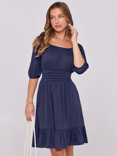 Image of ANRABESS Womens Lantern Short Sleeve Square Neck Casual Flowy Mini Dresses 2026 Holiday Summer Spring Beach Vacation Clothes