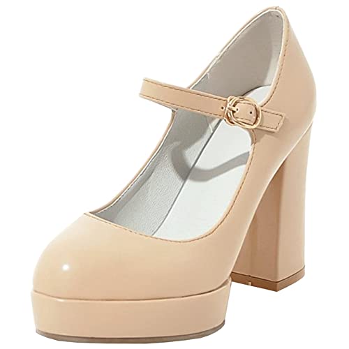 Betastella Women's Patent Leather Platform Mary Janes Chunky High Heel Ankle Strap Pumps