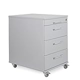Rollcontainer 3 Schubladen + Materialauszug H 65 x B 43 x T 60 cm | Bürocontainer aus Holzwerkstoff in Lichtgrau | Schreibtischwagen abschließbar | Schubladenschrank aus hauseigener Fertigung