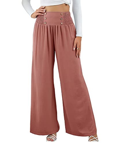 sysinside Women's Casual Wide Leg Pants Smocked High Waist Chic Button Decoration Palazzo Lounge Trousers