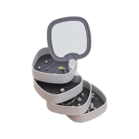 Xicennego Jewelry Organizer With Mirror, 4-Layer Rotatable Jewelry Storage Box, Small Jewelry Tray For Women, Earring Holder, Jewelry Storage For Rings, Bracelets, Necklaces, Watches (Grey) Cover