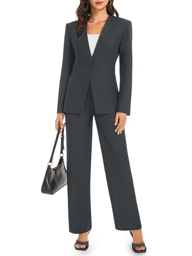 Women's 2 Piece Business Casual Outfits Collarless Blazer Jacket Wide Leg Work Pants Dressy Suit Set