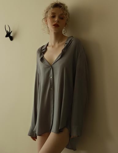 Image of TOUSYEA Sleep Shirts for Women Button Down Shirts Long Sleeve Sleepwear Swimsuit Cover Ups Soft Pajama Tops