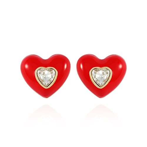 Guess Gold-Tone Red Enamel Heart Stud With Heart Stone Accent Earrings #TOP16