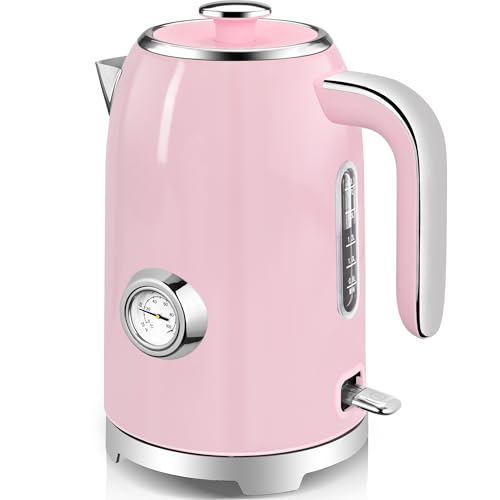 Image of SUSTEAS Electric Kettle - 57oz Hot Tea Water Boiler with Thermometer, 1500W Fast Heating Stainless Steel Pot, Cordless LED Indicator, Auto Shut-Off & Boil Dry Protection, Pink