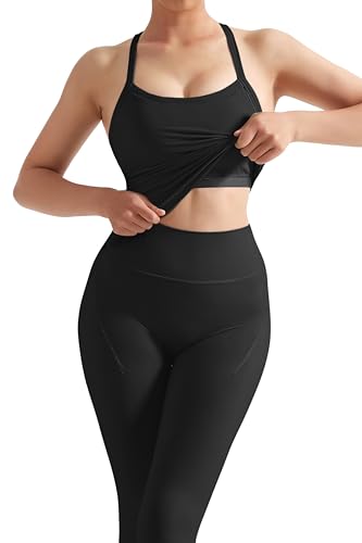 SUUKSESS Women 2 Piece Workout Sets Compression Tummy Control Leggings with Pockets Halter Built in Bra Tank Tops4