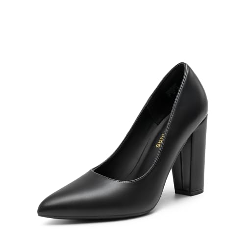 DREAM PAIRS Women's High Chunky Block Heels Closed Pointed Toe Slip on Women Pumps Wedding Party Work Comfortable Dress Shoes for Women 6 Black-suede