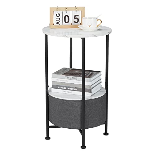 Mesa auxiliar redonda industrial, rústica de 2 niveles con cesta de almacenamiento de tela extraíble, oficina en el hogar, café, aperitivo/mesita de noche, dormitorio (mármol, 66x40 cm) Cover