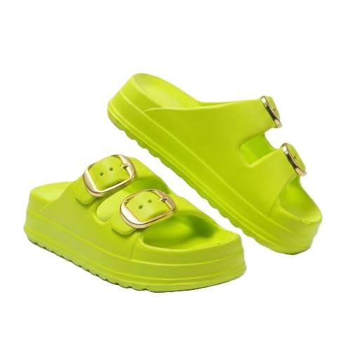 - Women's Neon Lime Green Platform Slide Sandals | Double Strap Adjustable Gold Buckles | Cushioned EVA Comfort Footbed | Slip-On Flip Flops