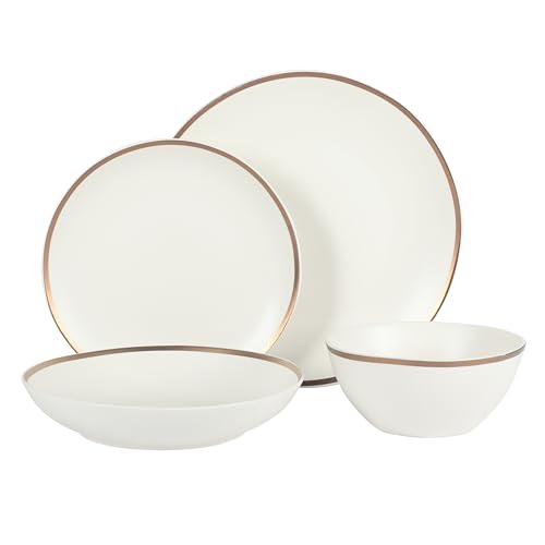 Image of Gibson Elite Kings Road Double Plates and Bowl Organic Round Porcelain Chip and Scratch Resistant Dinnerware Set - Matte White w /Gold Rim