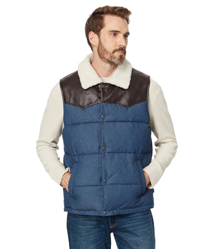 Levi's Men's Out West Mixed Media Puffer Vest, Faded Blue Denim, Large