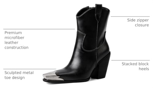 Image of Cowboy Ankle Boots for Women Engraved Steel Toe Cowgirl Boots Stacked Block Heels Short Cowboy Boot Fashion Dressy Western Country Booties