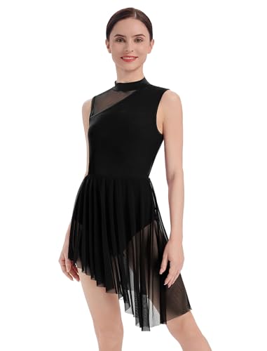 AFAVOM Lyrical Dance Dress for Women Contemporary Dance Costumes Solid Mesh Asymmetric Flowy Tulle Skirt Cutout Mock Neck Sleeveless Lyrical Dancewear for Performance Competition Black Medium