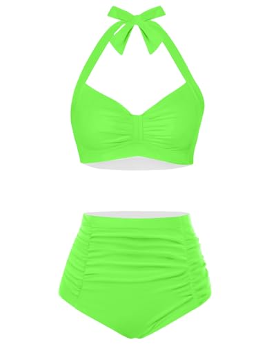 Image of Holipick Women High Waisted Bikini Set Two Piece Swimsuit Tummy Control Bathing Suit Vintage Halter Swimwear