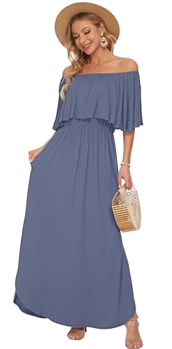 Image of AUSELILY Womens Off Shoulder Ruffle Split Summer Maxi Dresses with Pockets | Off-shoulder Ruffle dress with empire waist & side split for summer beach and casual parties