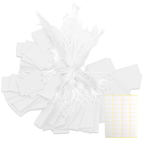 Confezione da 500 cartellini dei prezzi, etichette con cordoncino, etichette pubblicitarie, cartellini dei prezzi di carta (bianco) più 500 adesivi